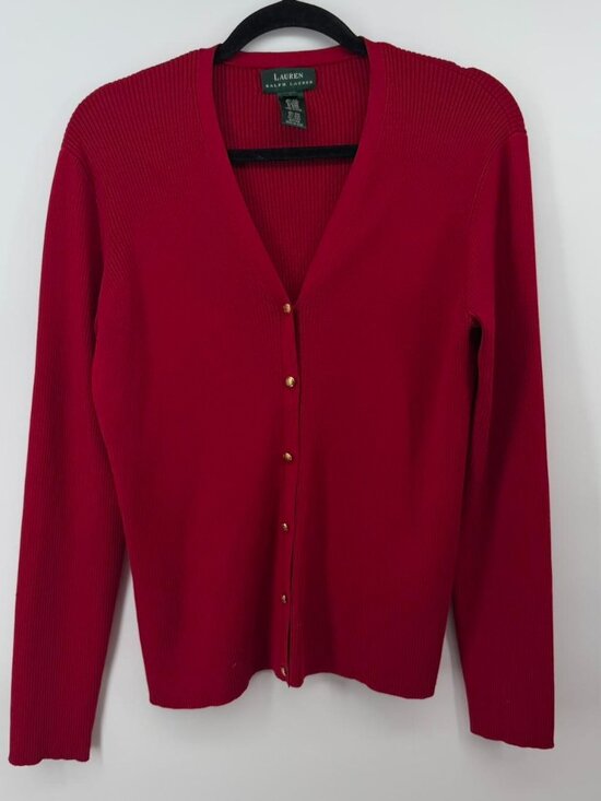 Ralph Lauren Sweaters - Ralph Lauren red silk cardigan with gold buttons. Size L